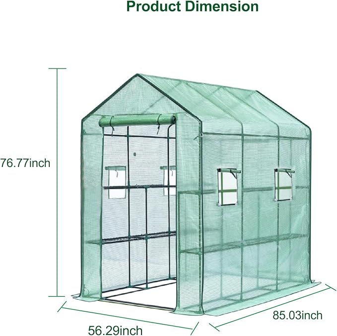 Greenhouse, 57 x 85 x 77'' Greenhouses for Outdoors, with Mesh Side Windows, PE Cover, 8 Shelves, Heavy Duty Walk in Green House for Backyard Garden Indoor, White& Green Outside