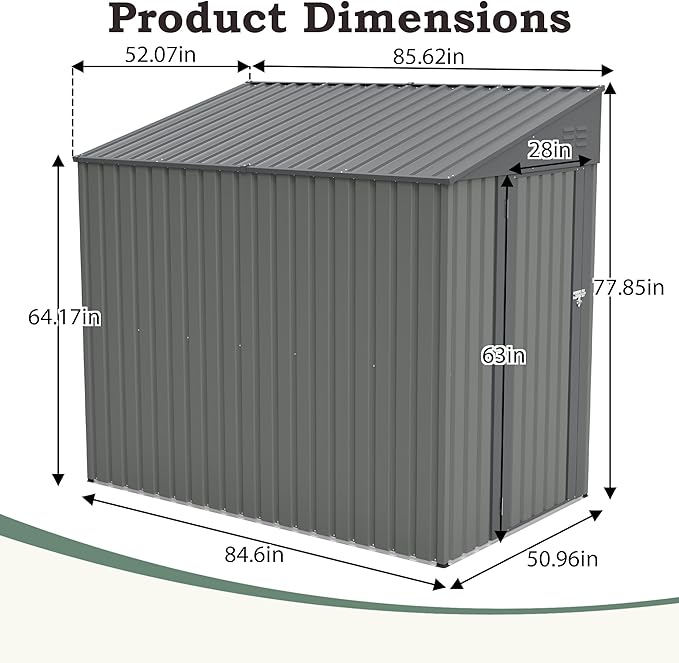 4 × 7 FT Lean to Storage Shed, Outdoor Metal Wall Side Bike Mower Sheds & Outdoor Storage Cabinet, Lockable Tool Organization Shed for Garden Patio