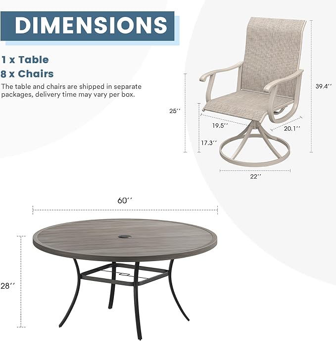 DIFY 9 Pieces Outdoor Patio Dining Set, 8 Sandshell Textilene Swivel Dining Chairs and 60" Grey Wood-Like Round Metal Dining Table, Outdoor Table and Chairs