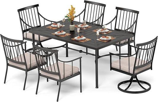 PHI VILLA 7 Pieces Outdoor Dining Set for 6, 64" Metal Steel Dining Table with Umbrella Hole & Cushioned Iron Swivel Chairs for Patio, Yard, Porch, Deck