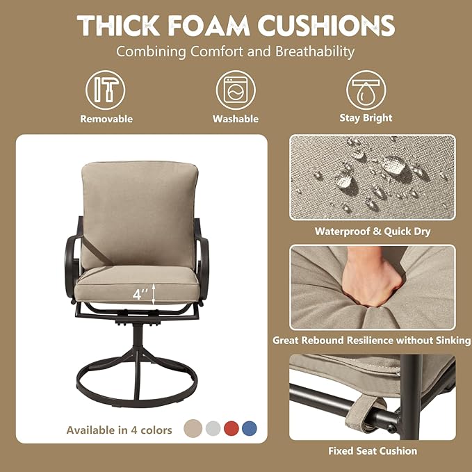 MELLCOM Patio Swivel Chair Set of 2, Heavy Duty Outdoor Dining Chairs with Thickened Cushions, Metal Patio Chairs Gentle Rocker for Outside, Khaki