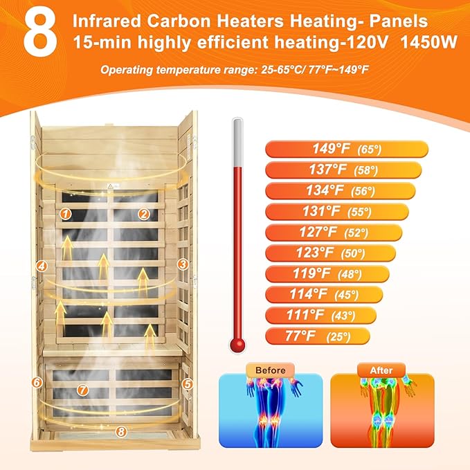 Infrared Sauna Home Sauna Box Deluxe 1 Person Red Cedar Indoor Far Infrared Sauna Room with LED Reading Light, Control System, Audio System, Bean Paste Red