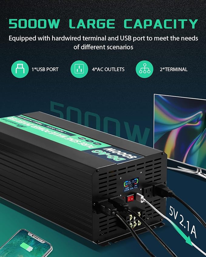 5000W 48V Pure Sine Wave Power Inverter 48V DC to 110V AC with Wireless Remote Control LCD Display 4 AC Outlets, 1 USB and Terminal Blocks for RV Truck Cabin Off Grid
