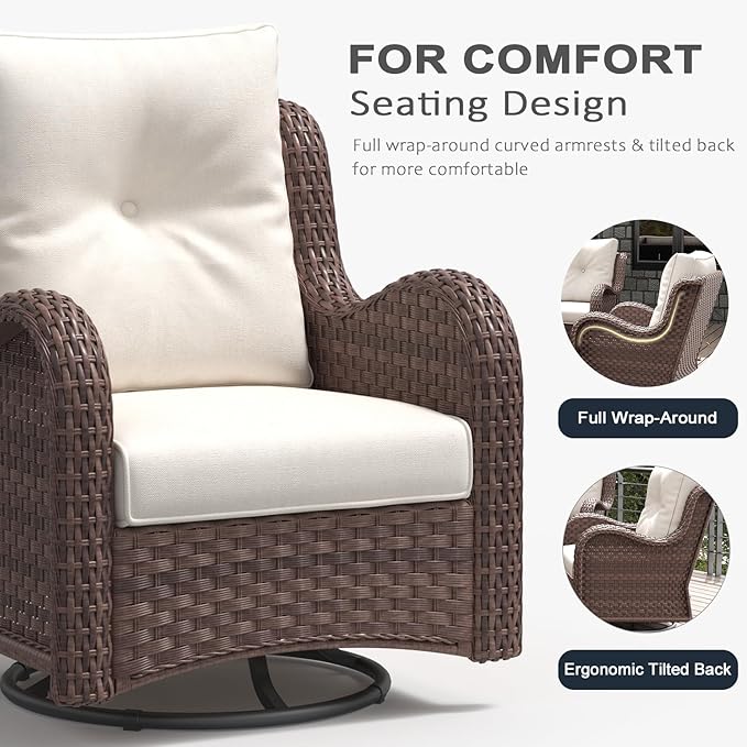 LayinSun 3 Pieces Outdoor Patio Furniture Set, Rattan Wicker Swivel Rocker Chairs Sets with Swivel Glider Chairs and Coffee Table