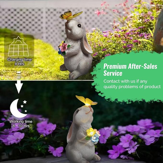 Solar Garden Statue LED Outdoor Garden Decor Funny Animal Sculpture for Yard Patio Lawn Weatherproof Resin Birthday Art Gift（Rabbit and Butterfly）