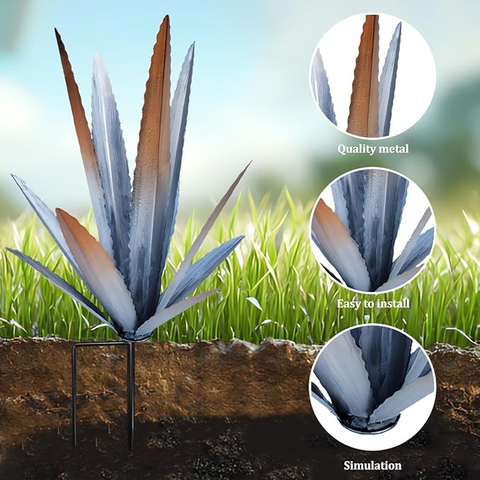 EROCK 2 Pcs Tequila Rustic Sculpture, Wind Resistant Metal Agave Plant Outdoor Home Decor, DIY Rustic Hand Painted Metal Agave Garden Art Plant Country Sculpture Statue Patio Stake Lawn Ornament Gift