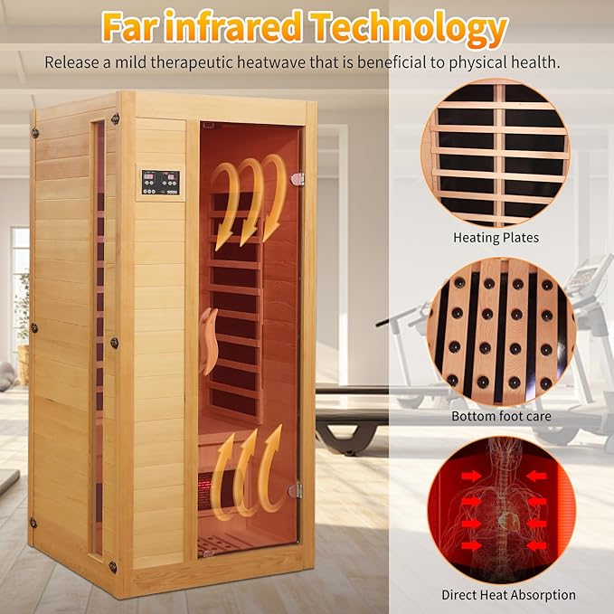Far Infrared Sauna Home Low EMF, 1-2 Person Home Sauna Hemlock Wood Red Light Sauna with LED Control Panel, Tempered Glass Door, LED Reading Light and Speaker