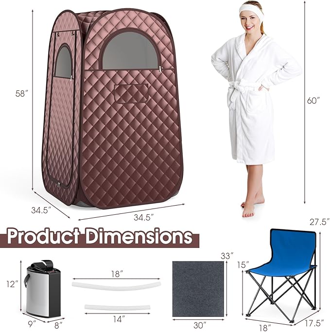 COSTWAY Portable Steam Sauna, Full-Body Personal Sauna Tent w/ 3L Steam Generator, Foldable Chair, Foot Massager, Timer, Remote Control, Indoor Pop-up Sauna Tent for Home Spa Relaxation (Coffee)