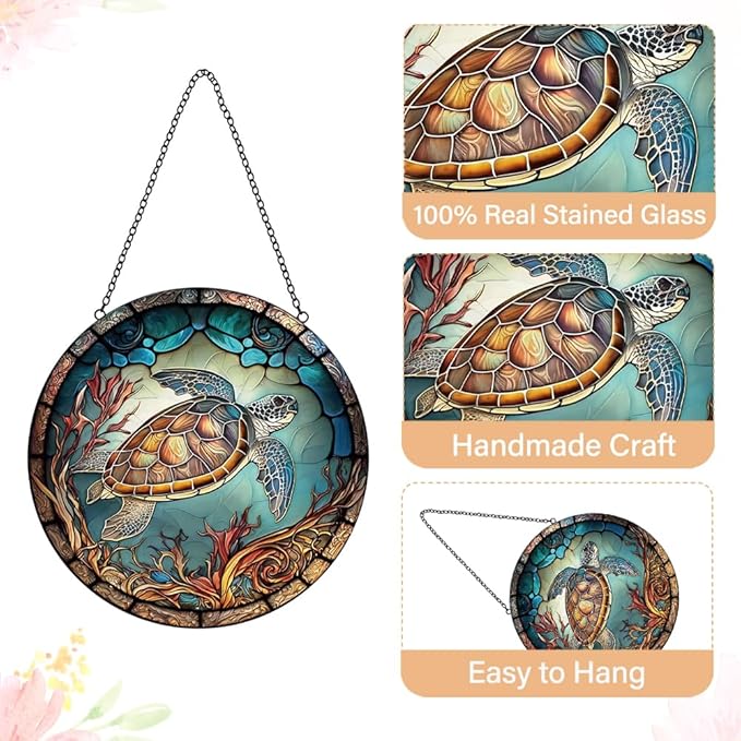 Sea Turtle Decor Suncatcher Stained Glass Window Hanging - Handmade Suncatchers for Windows with Hooks - Sea Art Glass Sun Catcher Indoor Outdoor Garden Mothers Day Birthday Gifts for Mom Grandma