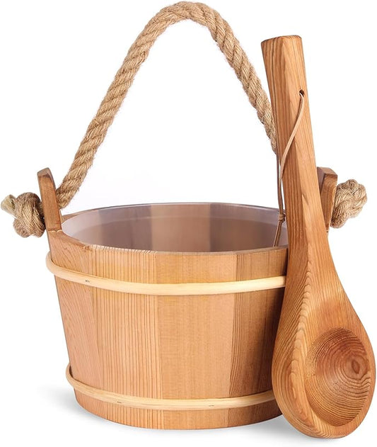 6L-1.6Gal Cedar Wood Sauna Bucket and Ladle Set, Handmade Wooden Sauna Bucket with Ladle, 14.5″ Sauna Ladle,Premium Pine Sauna Accessories Kit for Steam Sauna, Natural Wooden Bucket for Sauna