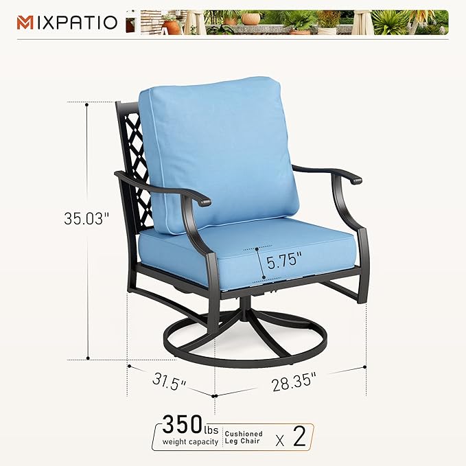 Swivel Patio Chairs Set of 2, High Back Outdoor Swivel Patio Metal Chairs with 5.75" Thick Cushions for Bistro Balcony Porch Deck and Yard, Blue
