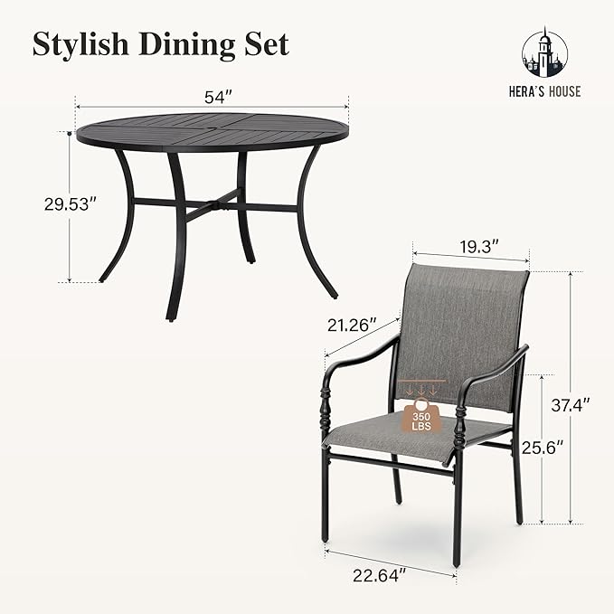 HERA'S HOUSE Patio Table and Chairs, 7 Pieces Outdoor Dining Set, 1 x Round Metal Table with 1.57”-1.9” Umbrella Hole, 6 x Grey Armrest Chairs for Deck Porch Backyard