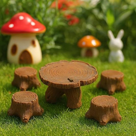 Miniature Tree Stump Garden Furniture Set, Brown Resin, Fairy Garden Decor, Indoor Outdoor Terrarium Accessories for Micro Landscape