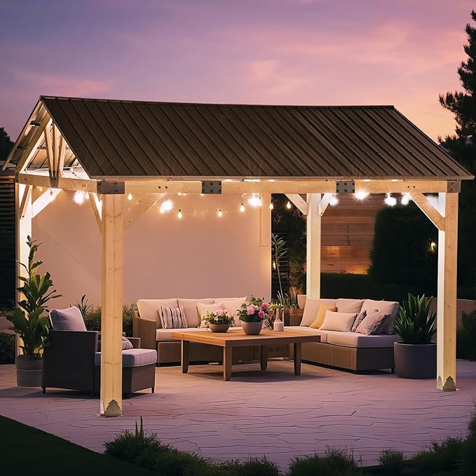CHARMELEON 12x14 Cedar Wood Gazebo,Heavy Duty Patio Gazebo with Metal Gable Roof,Permanent Hardtop Gazebos Pavilion for Backyard,Outdoor,Deck,Garden,Porch