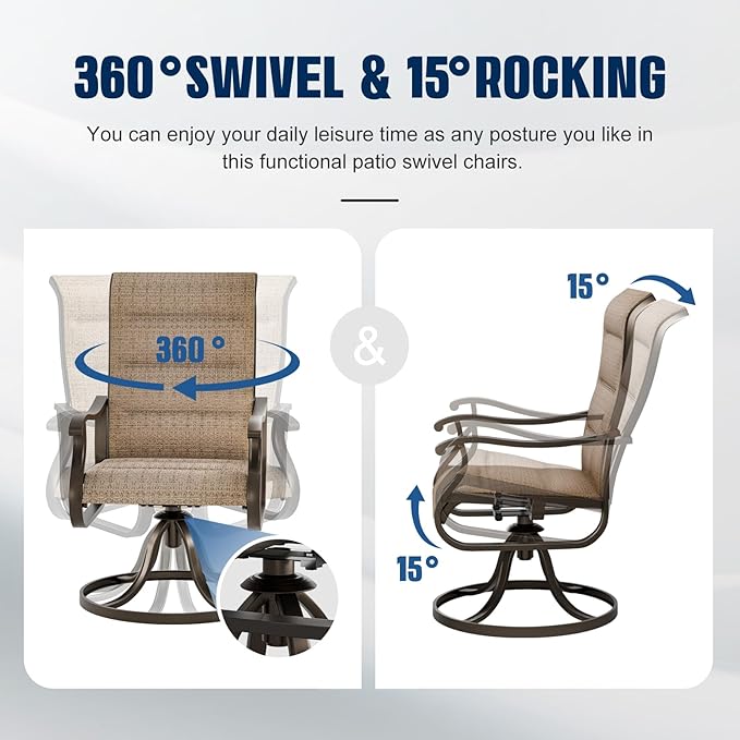 UDPATIO Patio Swivel Chairs Set of 2, Outdoor Dining Chairs High Back with Padded All Weather Breathable Textilene, Metal Rocking Frame for Backyard Lawn Garden, Brown