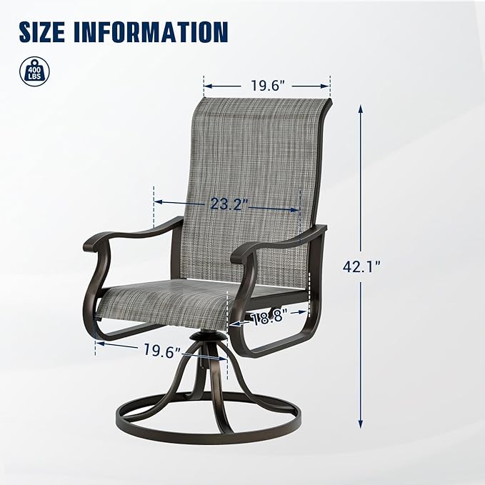 UDPATIO Outdoor Swivel Dining Chairs Set of 2, Patio Dining Chairs High Back with All Weather Breathable Textilene, Metal Rocking Frame for Lawn Garden Backyard, Gray White