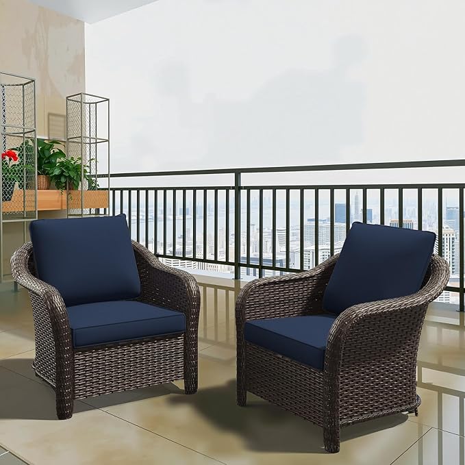 Vista Vibe Outdoor Patio Deep Seat Chairs Set of 2, Washable Cushions, Hand-Woven PE Rattan, All-Weather & Steel Frame, Garden, Bistro, Deck, Yard (Navy)