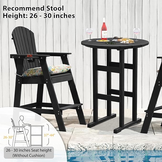 Sundale Outdoor Adirondack Round Bar Table, 39 Inch Height Patio Large Pub Table for 4, All Weather HDPE High Top Bistro Counter Table for Outside Deck Porch Balcony Poolside, Black