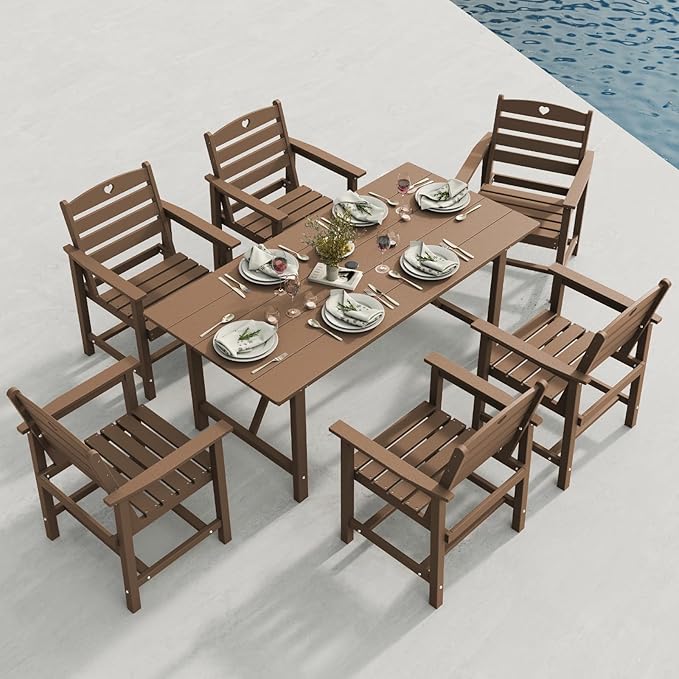 Patio Table and Chairs Set with Umbrella Hole, HDPE Patio Dining Set for 6, Outdoor Dining Set for Lawn, Patio, Porch, Deck, Poolside, Yard (Teak, 7-Piece)