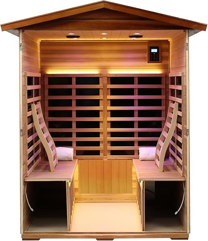 Red Cedar 4 Person Outdoor Ultra-Low EMF（0.5mg） Infrared Sauna, Multi-Person Home Sauna spa, 2160w,12 Heating Panels, LCD Control Panel, Bluetooth Speaker, Chromotherapy Lights, Reading lamp