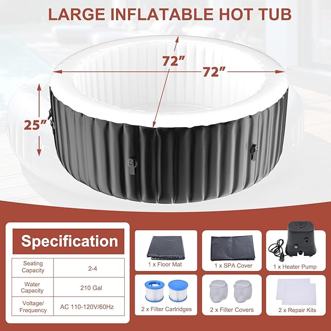 LILYPELLE 2-4 Person Inflatable Hot Tub, Large Portable Hot Tub with 120 Bubble Jets, Outdoor Spa Round Bathtub Set Included Heater Pump, Filter and Insulated Cover, 71" X 71" X 25"