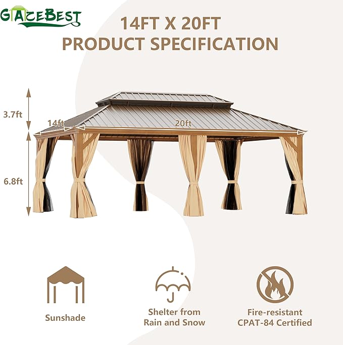 14' X 20' Hardtop Gazebo, Aluminum Wood-Looking Frame Outdoor Permanent Galvanized Steel Double Roof Pavilion Pergola Canopy with Privacy Curtains for Garden, Patio, Backyard, Deck and Lawns.