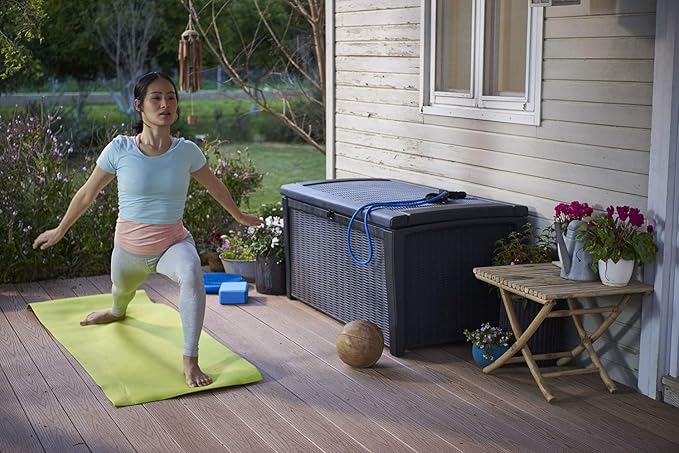 Keter Borneo 110 Gallon Storage Box, All-Weather Wicker Rattan-Style Resin Deck Box and Stylish Outdoor Bench with Piston-Assisted Lockable Lid, Grey