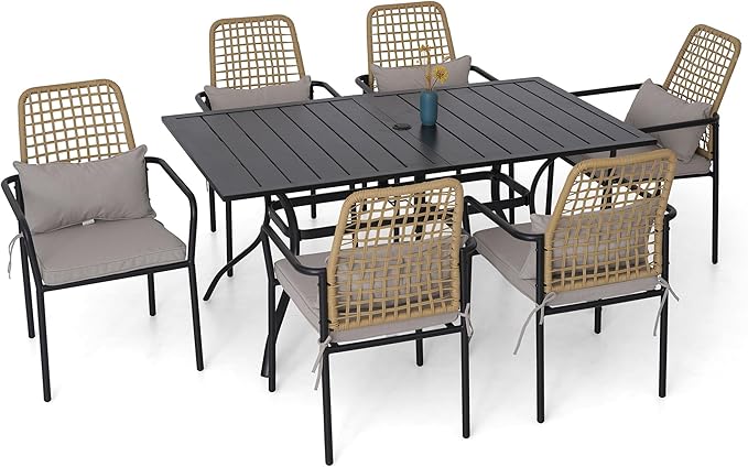 Stackable Rattan Patio Chairs and and Rectangle Dinig Table Set of 6 with 63"x38" Table All-Weather