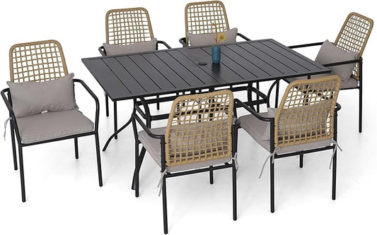 Stackable Rattan Patio Chairs and and Rectangle Dinig Table Set of 6 with 63"x38" Table All-Weather