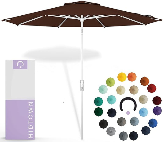 Midtown Umbrellas The Swilt 9 Feet Patio Umbrella in Sunbrella Bay Brown Acrylic Fabric - Fiberglass Ribs, Auto-Tilt Aluminum Frame For Backyard, Deck, Garden, Pool - White Pole