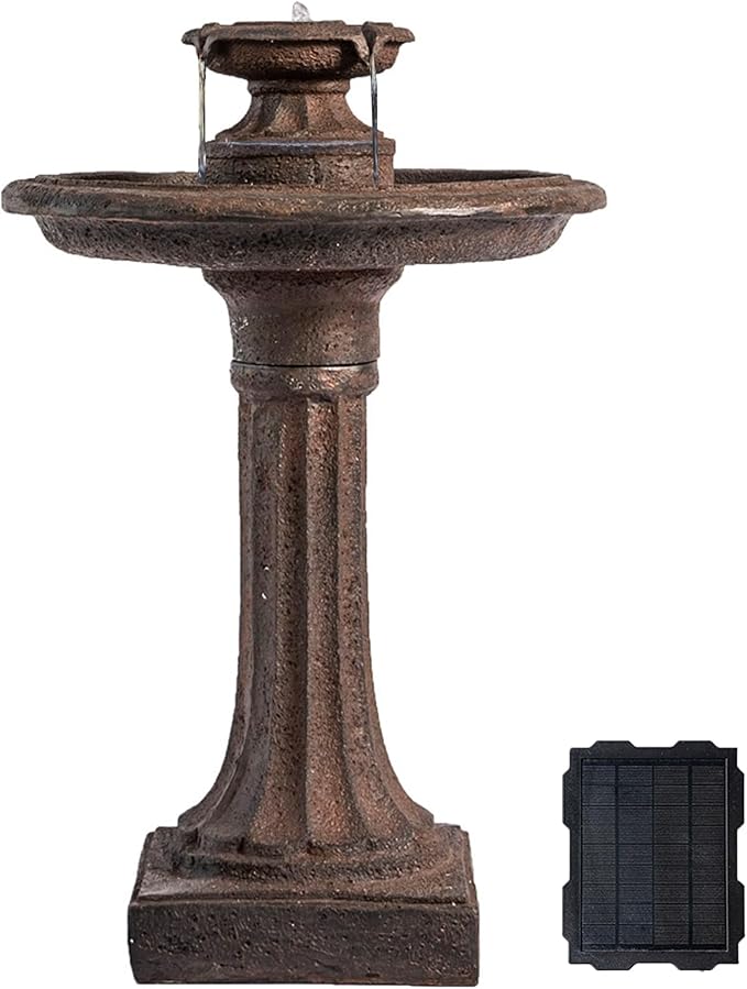XBrand 28" Solar-Powered Outdoor Birdbath Fountain – Large Brown Resin Water Fountain with Solar Panel for Lawn and Garden Decor