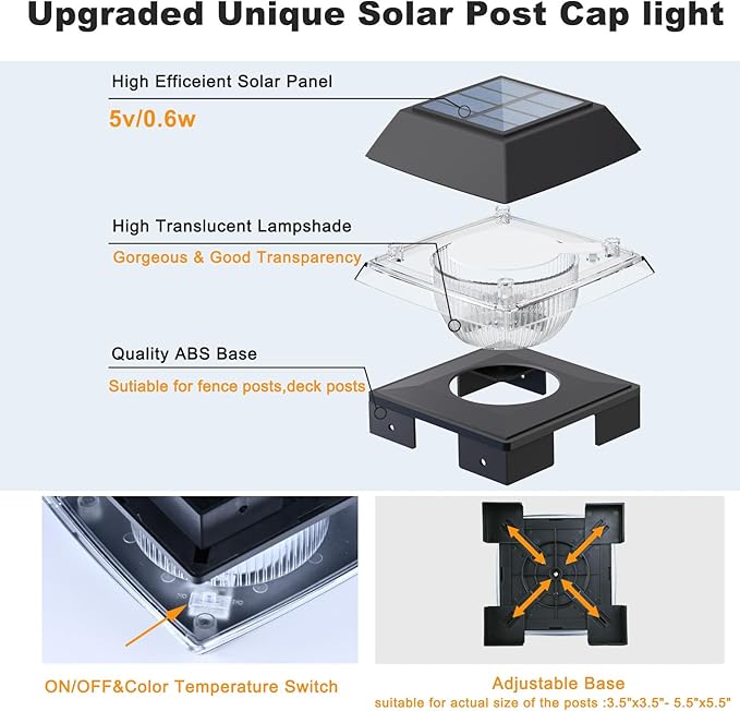 INDARUN 4x4 Post Solar Lights, Fence Deck Post Solar Outdoor Lights Fit 4x4 5x5 6x6 Wood Posts/4x4 Vinyl Posts Caps, Cold White & Warm White, 120 Lumen, for Patio Porch Garden Landscape Lighting