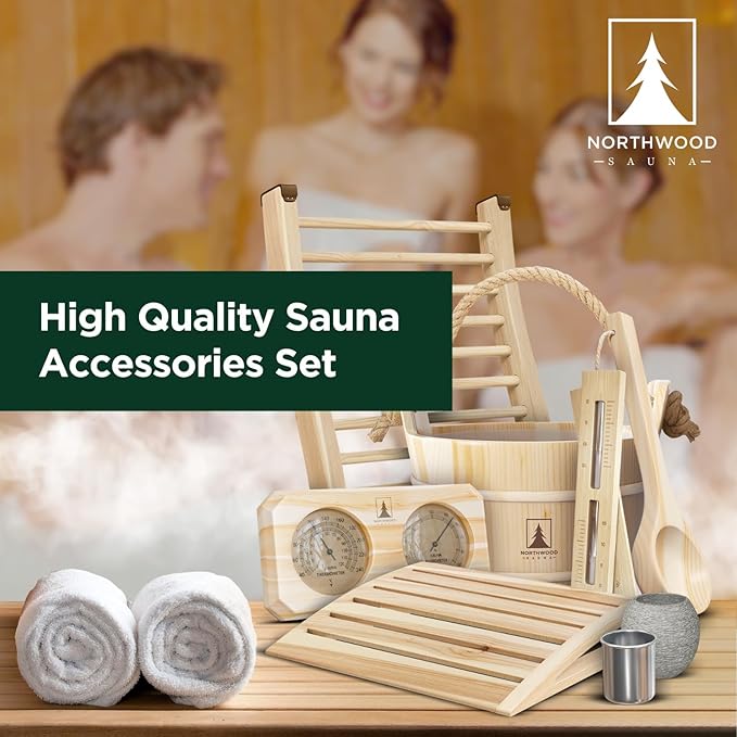 Sauna Accessories Kit - Handmade from Finnish Pine Wood - Complete Set (Bucket & Ladle, Thermometer & Hygrometer, Sand Timer, Aromatherapy Cup, Backrest, Headrest)