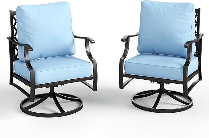 Swivel Patio Chairs Set of 2, High Back Outdoor Swivel Patio Metal Chairs with 5.75" Thick Cushions for Bistro Balcony Porch Deck and Yard, Blue