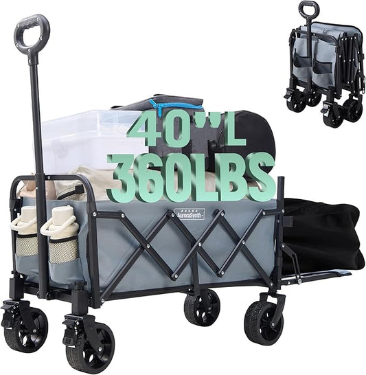 40'' Extra Long Collapsible Wagons Carts Foldable, 360LBS Foldable Wagon Cart with Wheels, Heavy Duty Portable Utility Wagon for Grocery, Shopping, Sports Garden & Camping - Gray