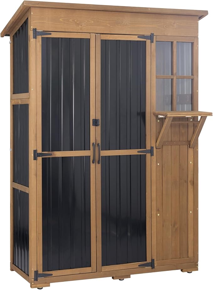 Large Storage Shed, Wood & Metal Outdoor Storage Cabinet with External Foldable Table,Waterproof Roof,Three Shelves, Outdoor Cabinets for Patio Backyard, Garden Garage Tool Shed, Brown