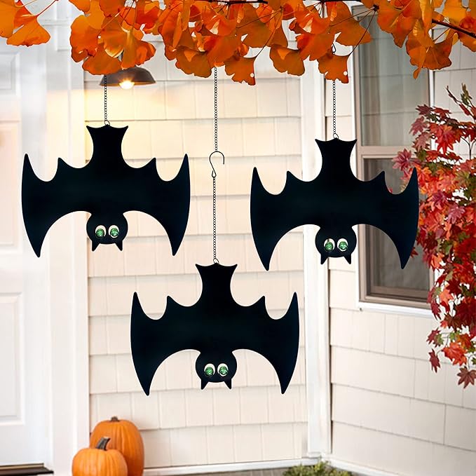 Outdoor Metal Bats, Halloween Decoration, Glow-in-The-Dark Hanging Bats, Silhouette Pendant Outdoors, Halloween Decorative Animals, Set of 3