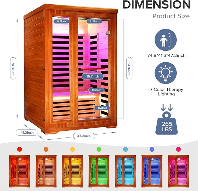 Far Infrared Sauna Home Sauna Spa Room for 2 Person Low-EMF Wood 1880W Indoor Saunas with Oxygen Bar 47.2 * 41.3 * 74.8Inch
