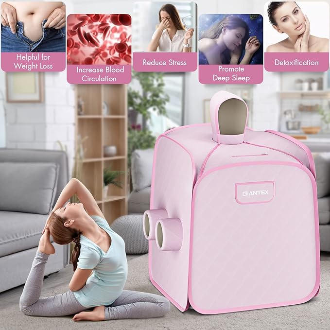 Giantex Portable Folding Sauna, 1 or 2 Person Steam Spa with Remote Control, Folding Chair, Foot Massage Roller, Absorbent Mat, 9 Temperature Levels, 3L Steamer, 800W Home Full Body Spa Tent (Pink)