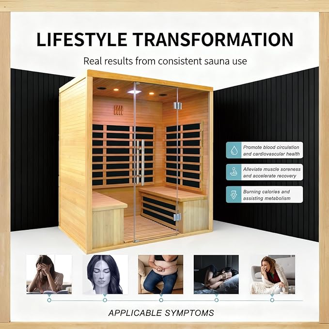Homsido 3-4 Person Sauna, Hemlock Wooden Indoor Far Infrared Home Sauna Room 11 Low EMF Infrared Carbon Panels with Tempered Glass Door,Bluetooth Speakers 7 Chromotherapy Lights（220V, 2880W）