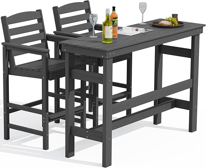 SERWALL Outdoor Bar Table and Chairs Set, Adirondack Bar Chairs Set of 2 and Bar Height Table, All Weather HDPE Outdoor Patio Bar Set, Outdoor Furniture for Outside, Poolside, Backyard, Garden, Grey