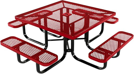 COATEDOUTDOORFURNITURE Heavy-Duty Portable Outdoor Kids Table with Umbrella Hole, Expanded Metal Kids Picnic Table, Commercial-Grade, Made in America (46 in, Square, Childrens, Textured Red)