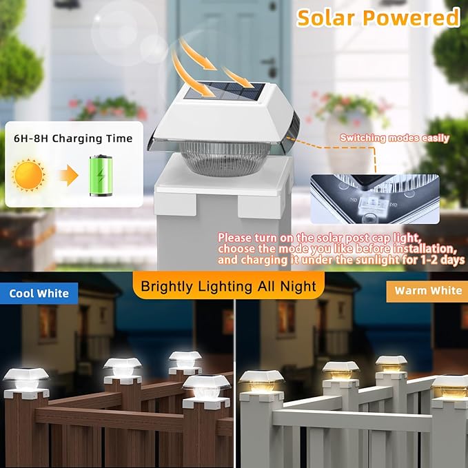 INDARUN Solar Outdoor Post Cap Lights with Cool White & Warm White, 120Lumen, 4x4 Post Solar Lights Fit Fence Deck Posts Caps - 4x4 5x5 6x6 Wood Posts/4x4 Vinyl Posts, for Porch, Patio, Yard Decor