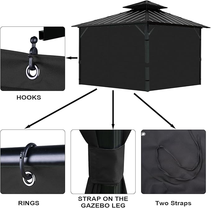 Gazebo Universal Replacement Privacy Curtain, 12'X14' Gazebo Curtains Outdoor Waterproof, 4-Panels Sidewall with Zipper for Patio, Garden and Backyard (Only Curtains, 12'X14', Black)