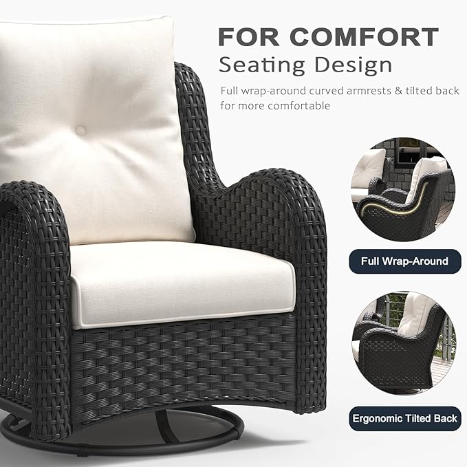 LayinSun 5 Pieces Outdoor Patio Furniture Set with Fire Pit Table, Rattan Wicker Sectional Swivel Rocker Chairs Sets with Swivel Glider Chair and Coffee Table