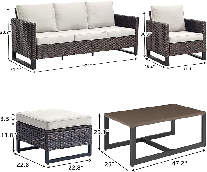 Rilyson Wicker Outdoor Patio Furniture Set - 6 Piece Patio Conversation Set with 2 Armrest Chairs,2 Rattan Ottoman,1 Couch and 1 Metal Side Table for Outside Porch Deck Backyard(Brown/Beige)