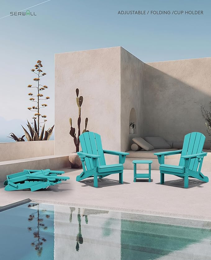 SERWALL Folding Adirondack Chair Set of 4, Adjustable Adirondack Chair with 3 Recline Positions, All Weather HDPE Outdoor Adirondack with Cup Holders, Aruba