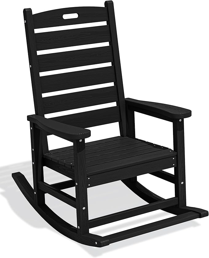 SERWALL Oversized Outdoor Rocking Chair, HDPE Patio Rocking Chair with Footboard for Adults, All Weather Porch Rocker for Deck Patio Balcony, Black
