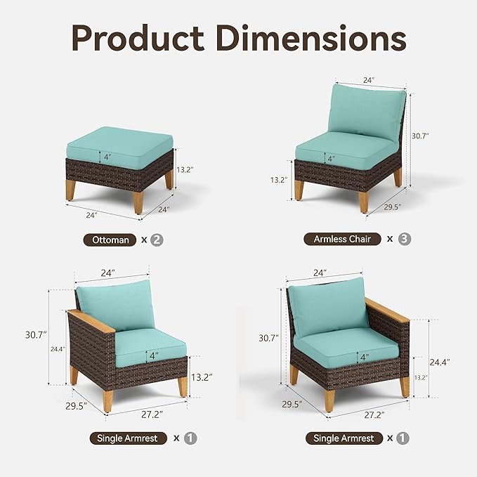 GREEN PARTY 7 Pieces Wicker Patio Furniture Set, All-Weather Outdoor Rattan Patio Sectional Sofa Conversation Set with 4" Thick Cushions for Garden, Backyard, 2 x Ottomans (Blue)