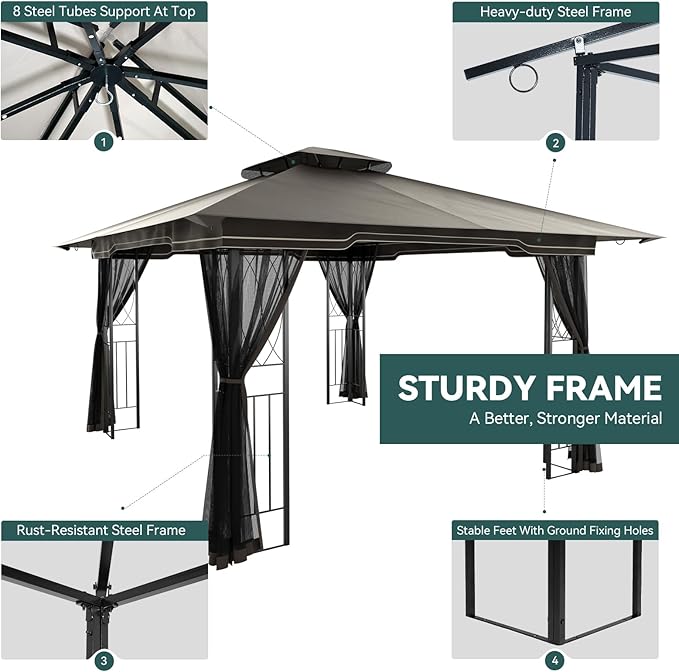 11x13 Outdoor Patio Gazebo with Mosquito Netting and Corner Frame Screen Wall, Double Roofs Metal Frame Party Canopy Tent Shelter for Backyard Garden Deck - Brown
